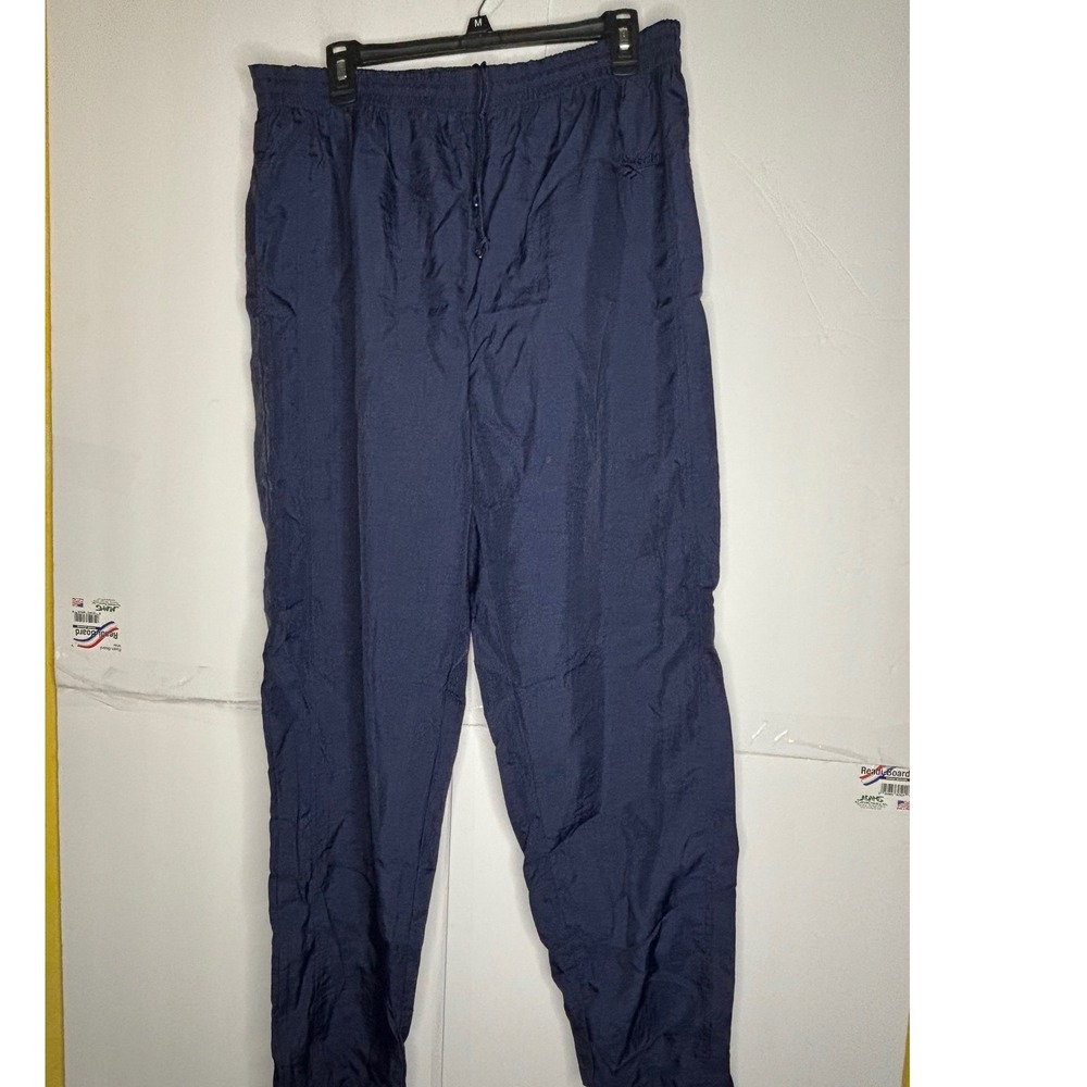 VTG Reebok Mens Navy Blue Nylon Track Pants Athletic Joggers Size L Taiwan